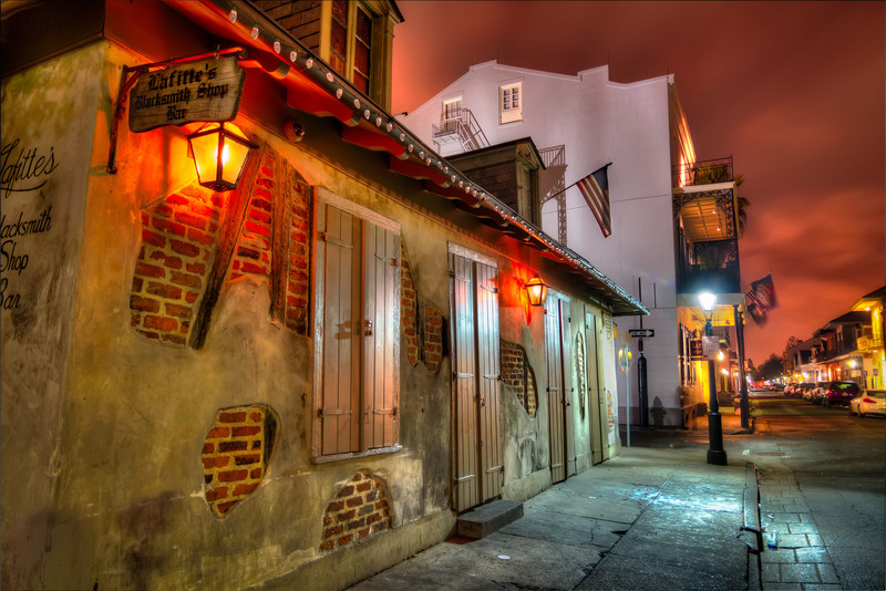 Located in the French Quarter of New Orleans, Lafitte's Blacksmith Shop was built between 1722 and 1732 and is said to be the oldest structure used as a bar in the United States. It was quiet on this early morning, hours before sunrise. But during the day, it is a great place to gather with friends. Photo by Tim Stanley Photography.
